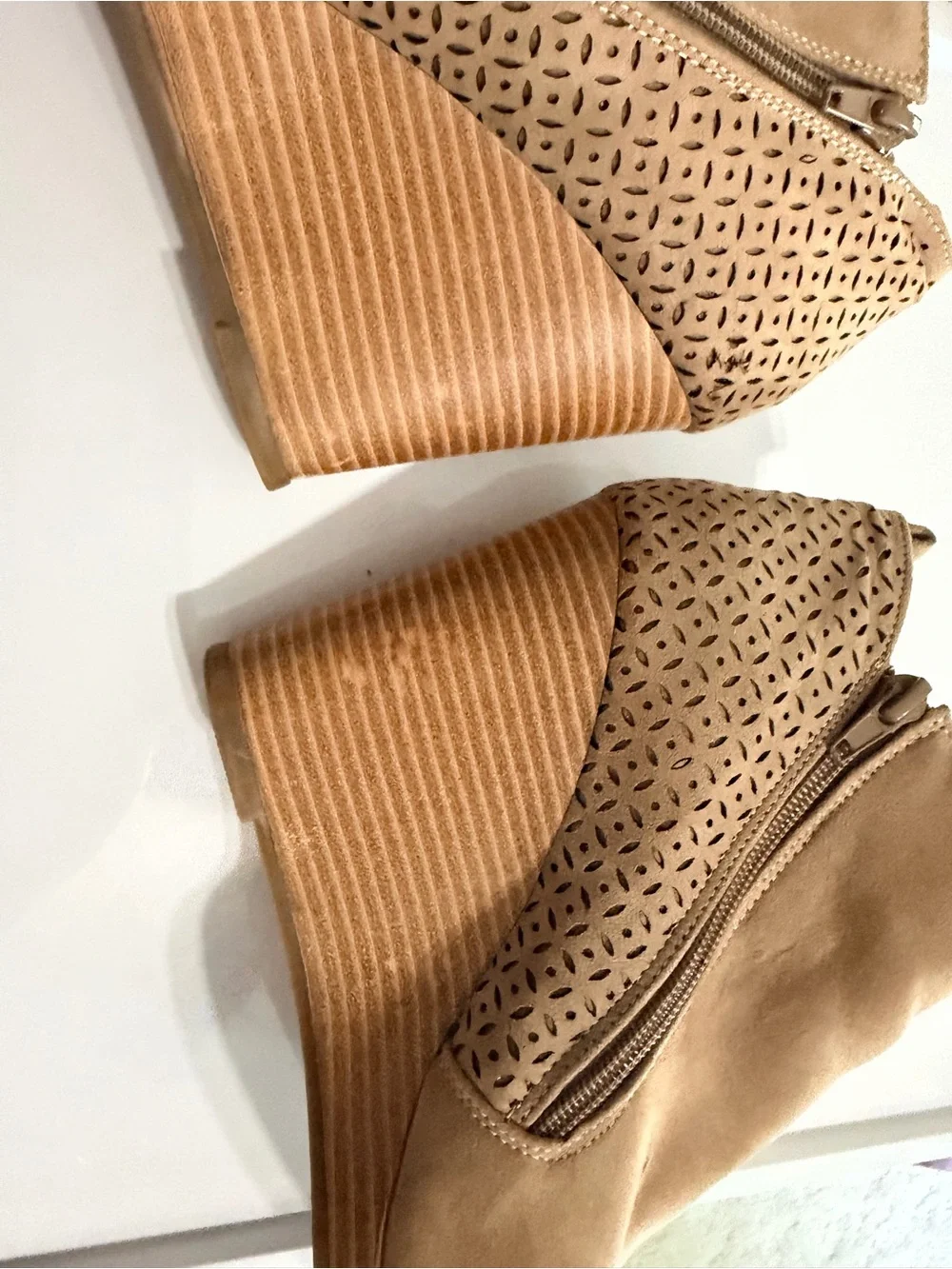 JustFab Tan Perforated Suede Wedge Booties with Side Zipper